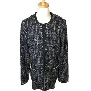 White Black Fancy Long Tweed Jacket Size L Beaded‎ Accents